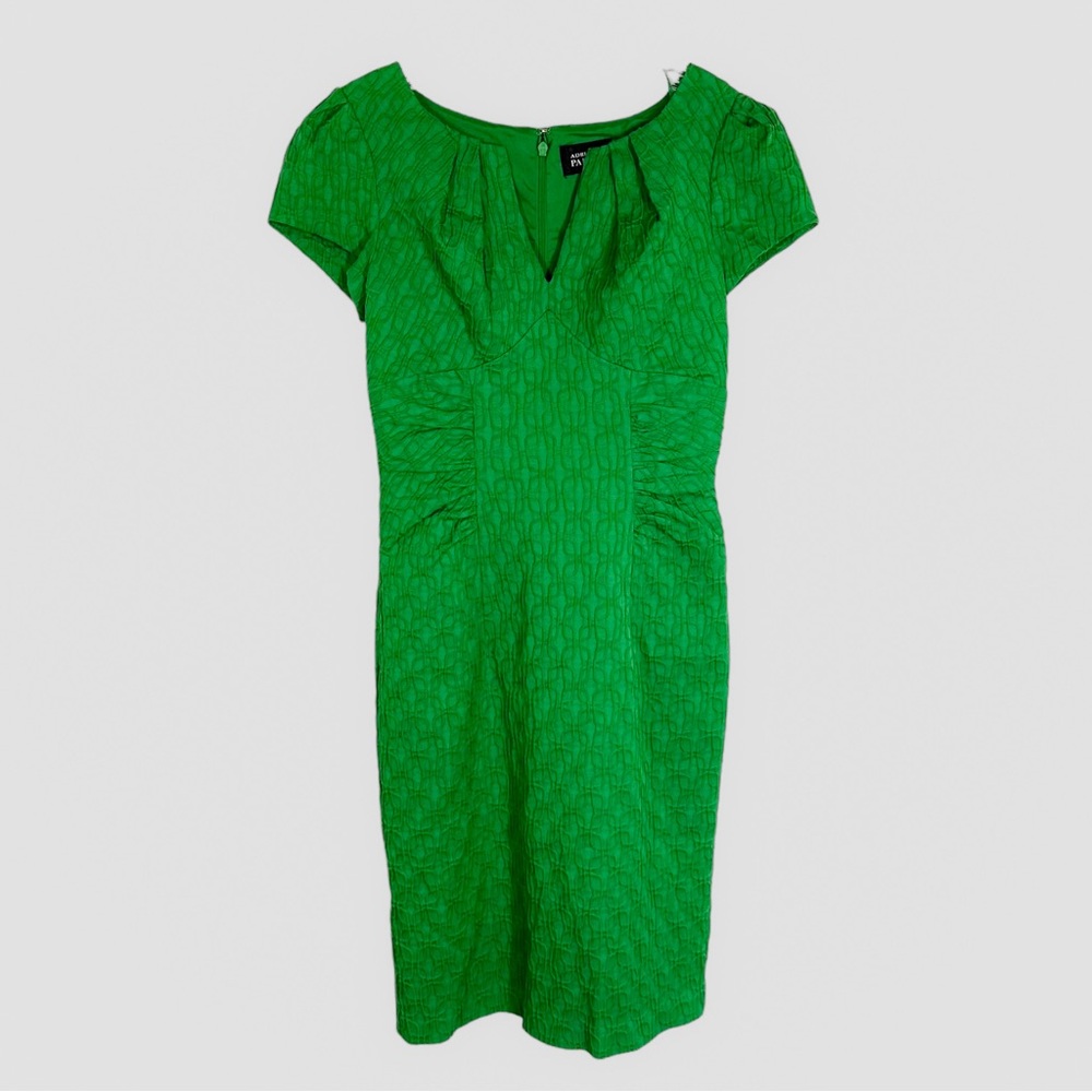 VTG Adrianna Papell Dress 1990's Green V-neck Ruching Short Sleeve Size 4 Trad